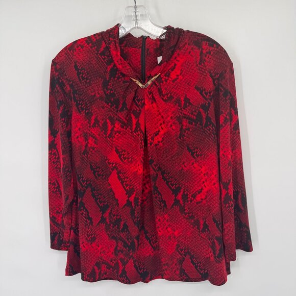 Calvin Klein Red Black Snake Print Blouse top knit Gold Accent Detail size lar - Picture 7 of 11
